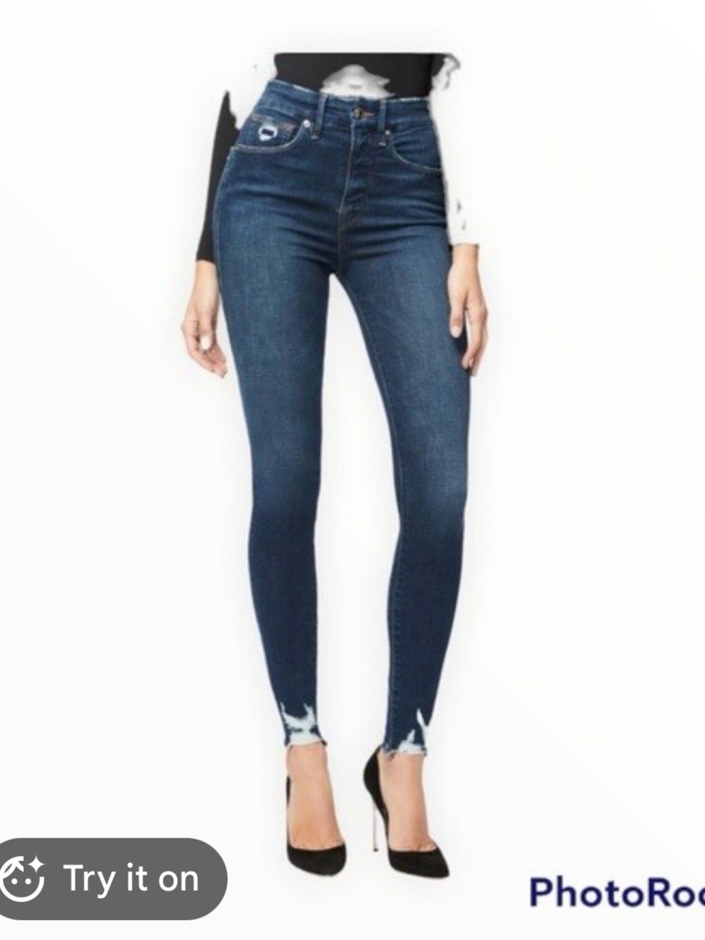 Good American Dark Wash Skinny Jeans with Distressed Ankles